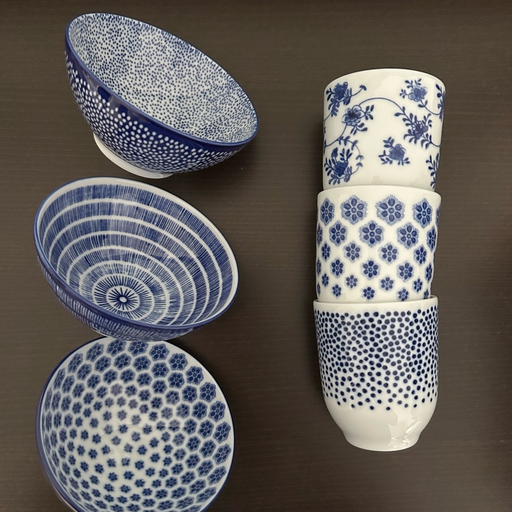 IKEA Entusiasm Blue & White Patterned Tumbler Cups & Bowls Dishes Set of 6